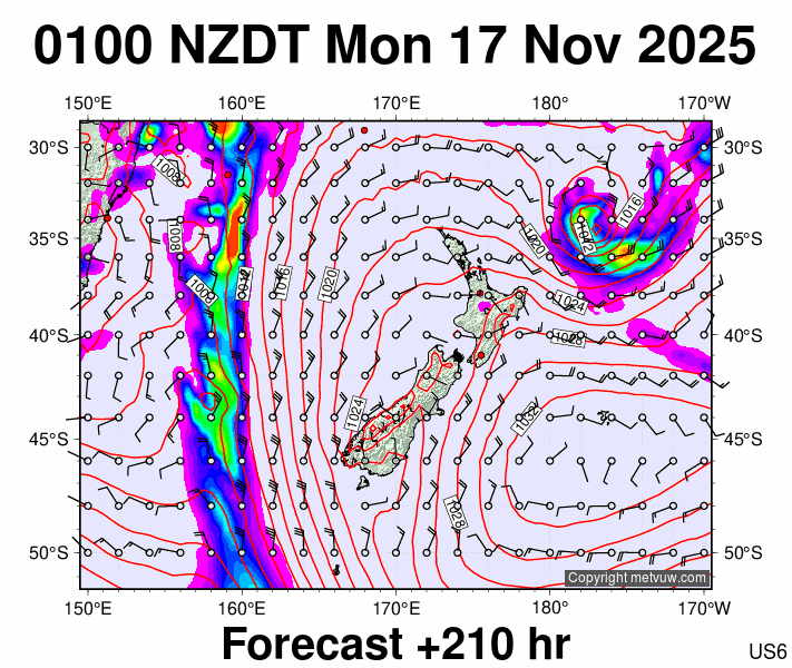 New Zealand forecast chart for Sunday, November 16th, 2025 at 12:00 PM