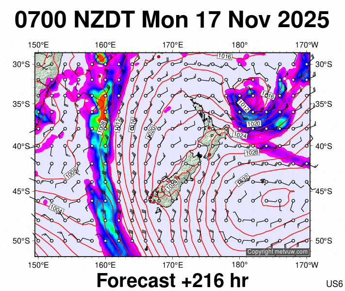 New Zealand forecast chart for Sunday, November 16th, 2025 at 6:00 PM