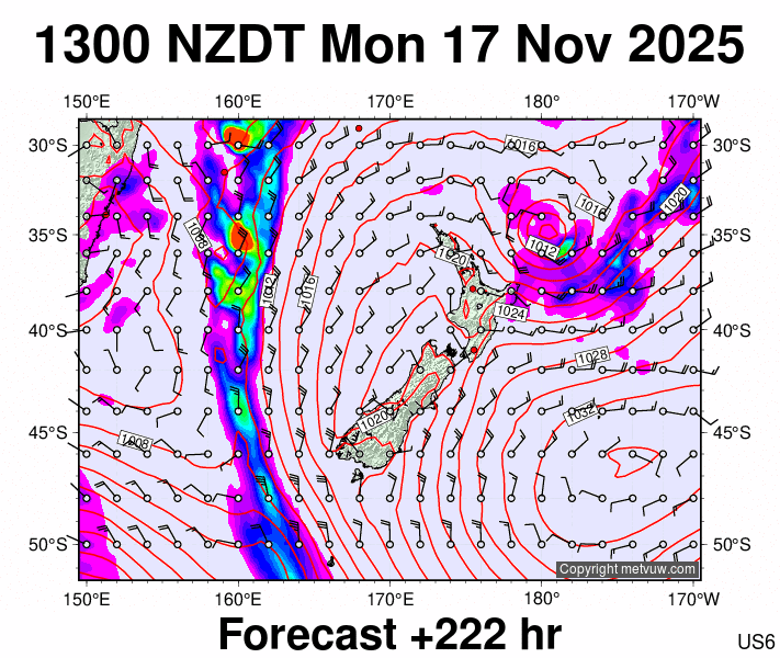 New Zealand forecast chart for Monday, November 17th, 2025 at 12:00 AM