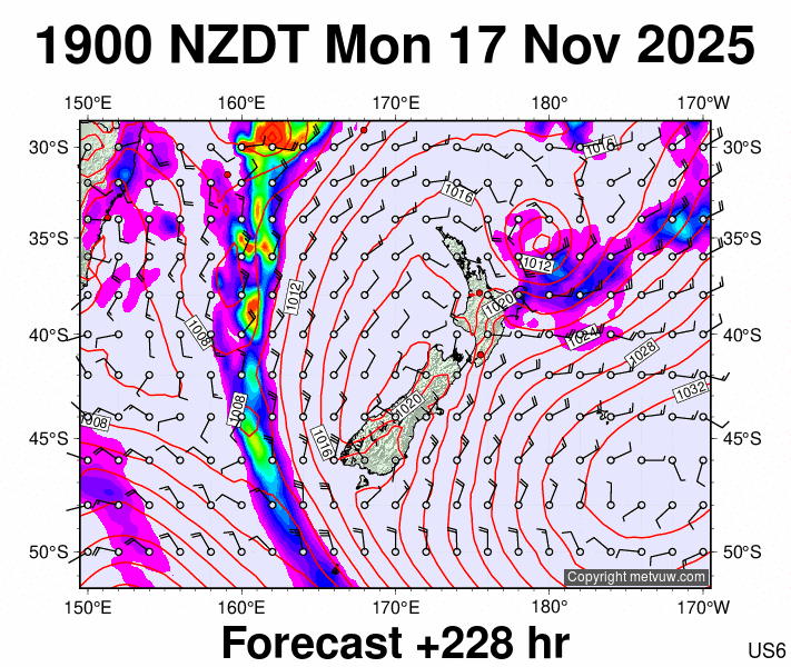 New Zealand forecast chart for Monday, November 17th, 2025 at 6:00 AM