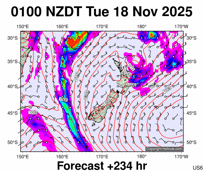 New Zealand forecast chart for Monday, November 17th, 2025 at 12:00 PM
