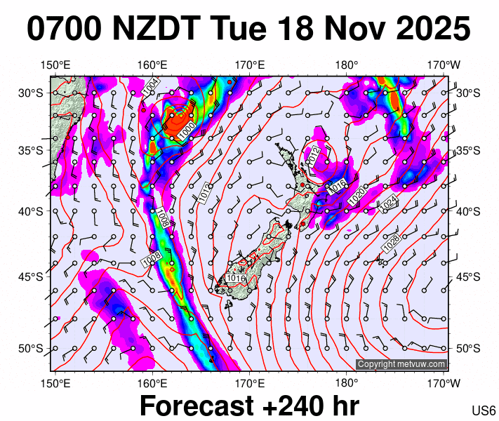 New Zealand forecast chart for Monday, November 17th, 2025 at 6:00 PM