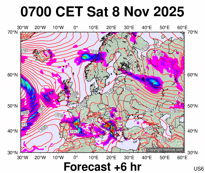 Europe forecast chart for Saturday, November 8th, 2025 at 6:00 AM