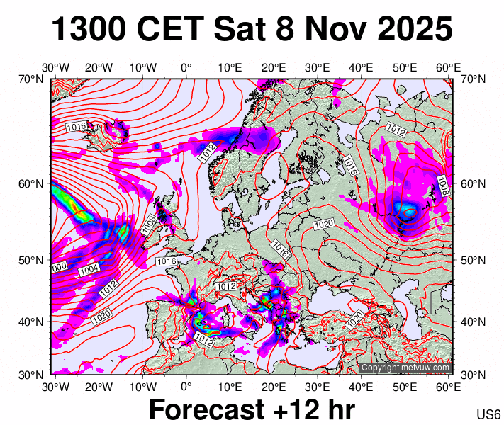 Europe forecast chart for Saturday, November 8th, 2025 at 12:00 PM
