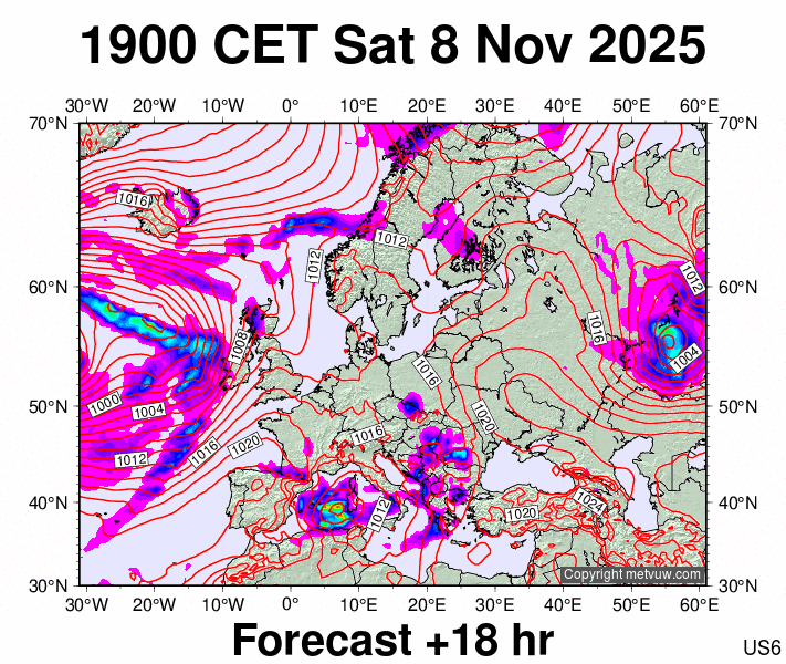 Europe forecast chart for Saturday, November 8th, 2025 at 6:00 PM
