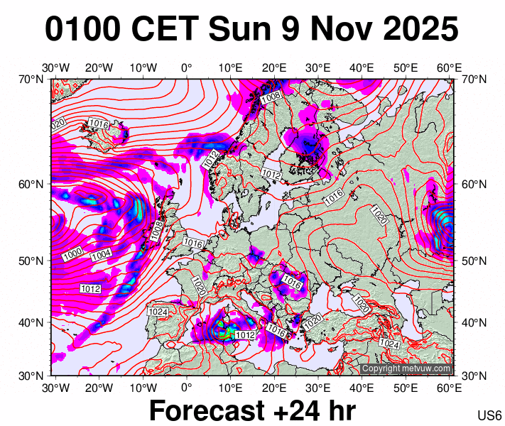 Europe forecast chart for Sunday, November 9th, 2025 at 12:00 AM