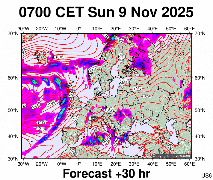 Europe forecast chart for Sunday, November 9th, 2025 at 6:00 AM