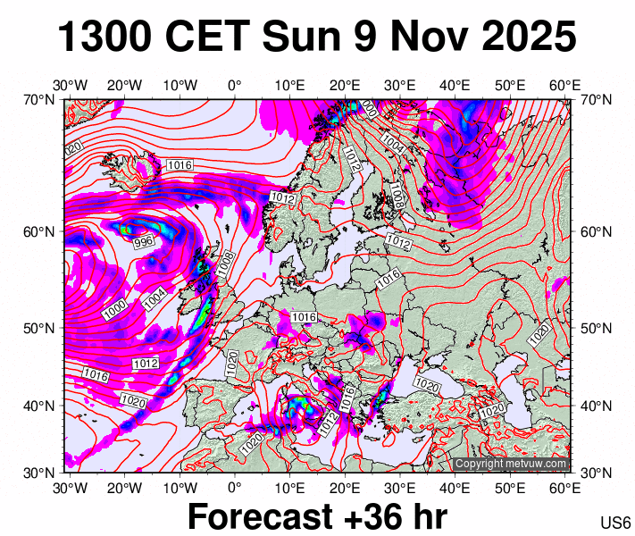 Europe forecast chart for Sunday, November 9th, 2025 at 12:00 PM