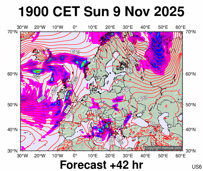 Europe forecast chart for Sunday, November 9th, 2025 at 6:00 PM
