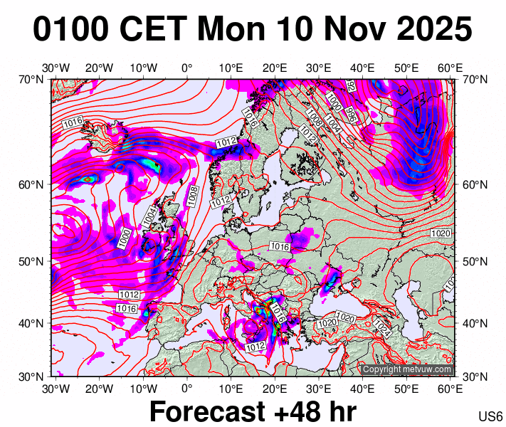 Europe forecast chart for Monday, November 10th, 2025 at 12:00 AM