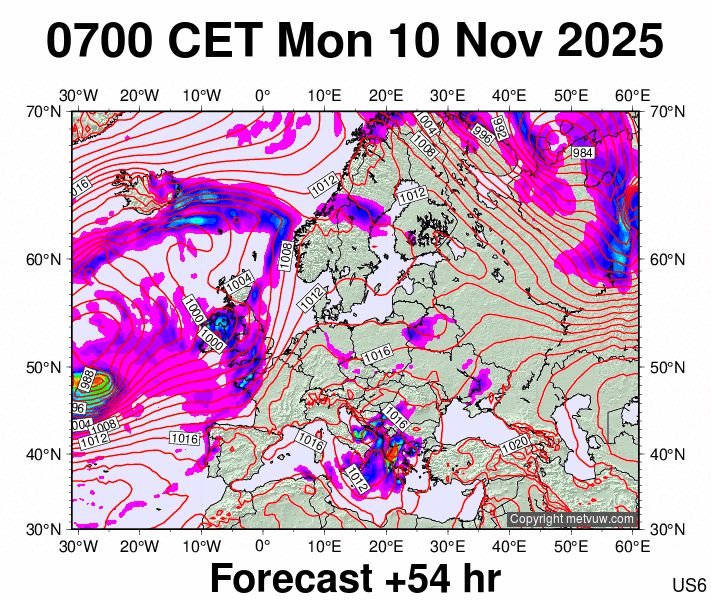 Europe forecast chart for Monday, November 10th, 2025 at 6:00 AM