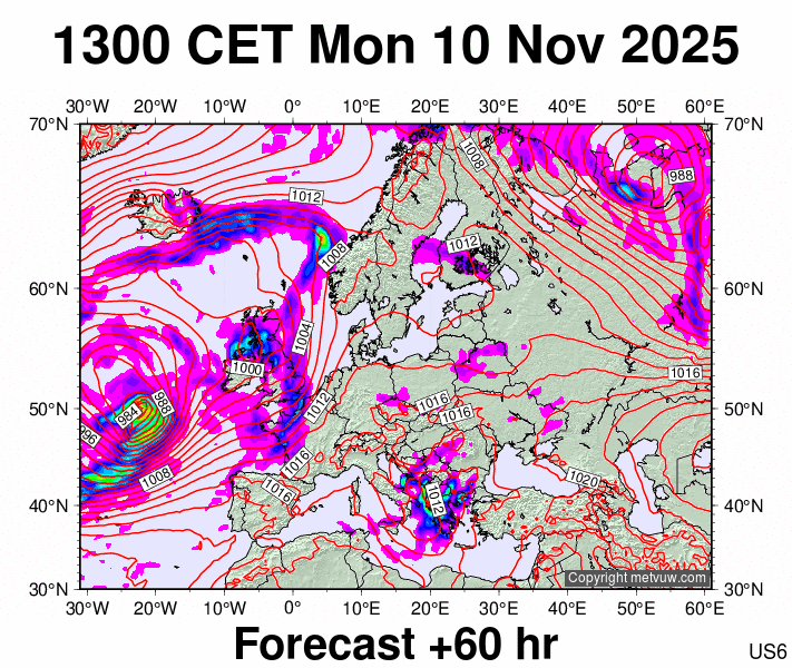 Europe forecast chart for Monday, November 10th, 2025 at 12:00 PM