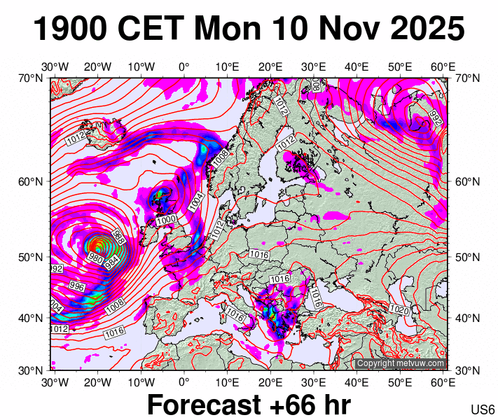 Europe forecast chart for Monday, November 10th, 2025 at 6:00 PM