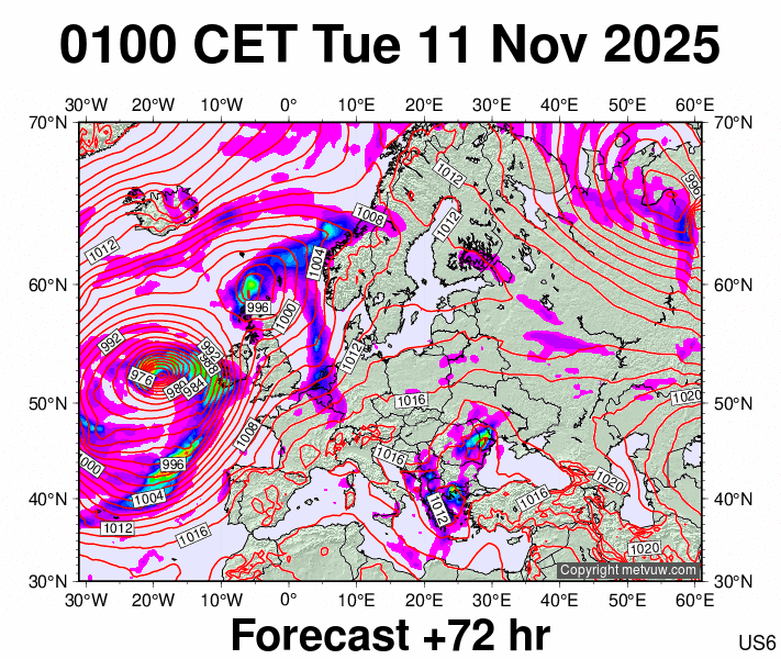 Europe forecast chart for Tuesday, November 11th, 2025 at 12:00 AM