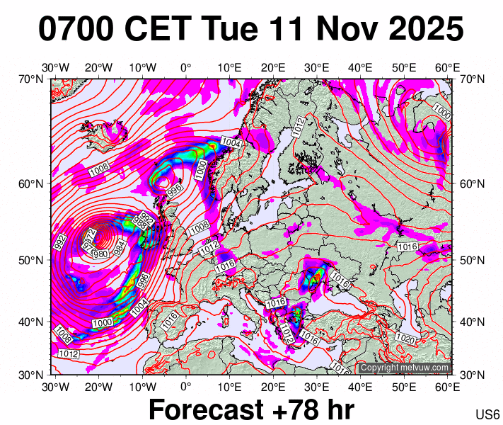 Europe forecast chart for Tuesday, November 11th, 2025 at 6:00 AM