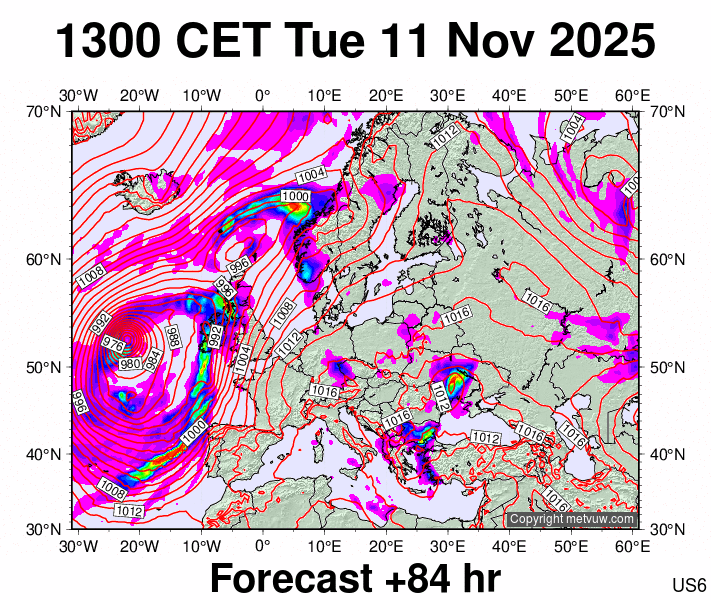 Europe forecast chart for Tuesday, November 11th, 2025 at 12:00 PM