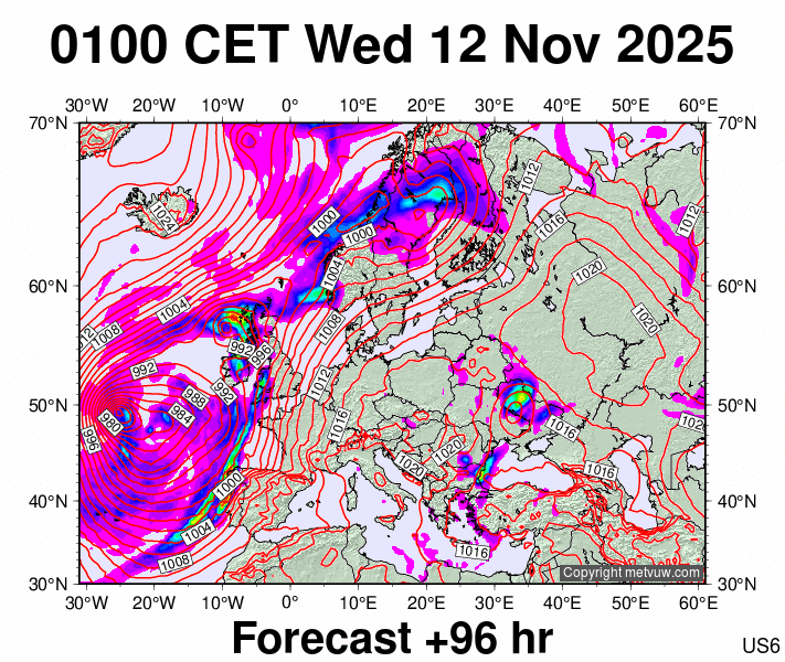 Europe forecast chart for Wednesday, November 12th, 2025 at 12:00 AM