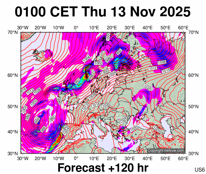Europe forecast chart for Thursday, November 13th, 2025 at 12:00 AM