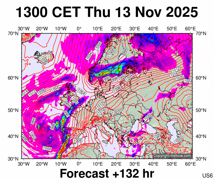 Europe forecast chart for Thursday, November 13th, 2025 at 12:00 PM