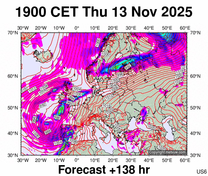 Europe forecast chart for Thursday, November 13th, 2025 at 6:00 PM