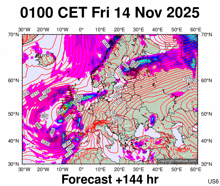 Europe forecast chart for Friday, November 14th, 2025 at 12:00 AM