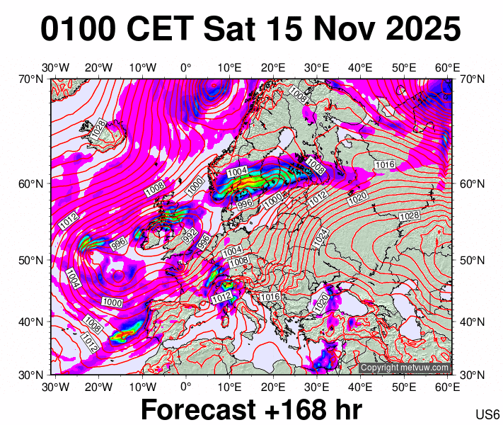 Europe forecast chart for Saturday, November 15th, 2025 at 12:00 AM