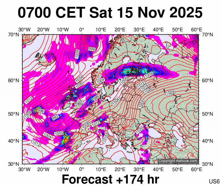 Europe forecast chart for Saturday, November 15th, 2025 at 6:00 AM