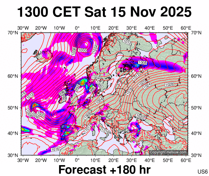 Europe forecast chart for Saturday, November 15th, 2025 at 12:00 PM