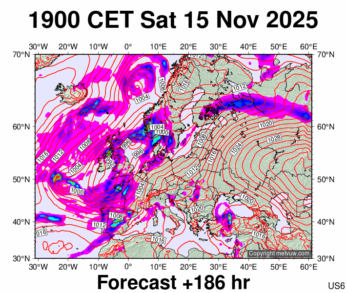 Europe forecast chart for Saturday, November 15th, 2025 at 6:00 PM