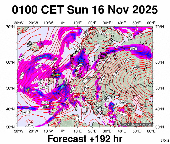 Europe forecast chart for Sunday, November 16th, 2025 at 12:00 AM