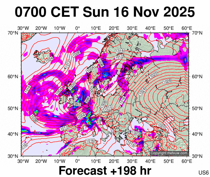 Europe forecast chart for Sunday, November 16th, 2025 at 6:00 AM