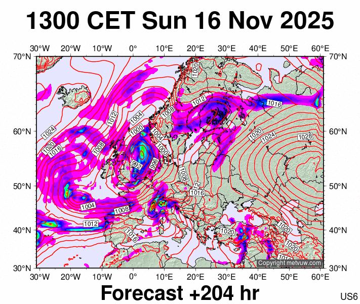 Europe forecast chart for Sunday, November 16th, 2025 at 12:00 PM