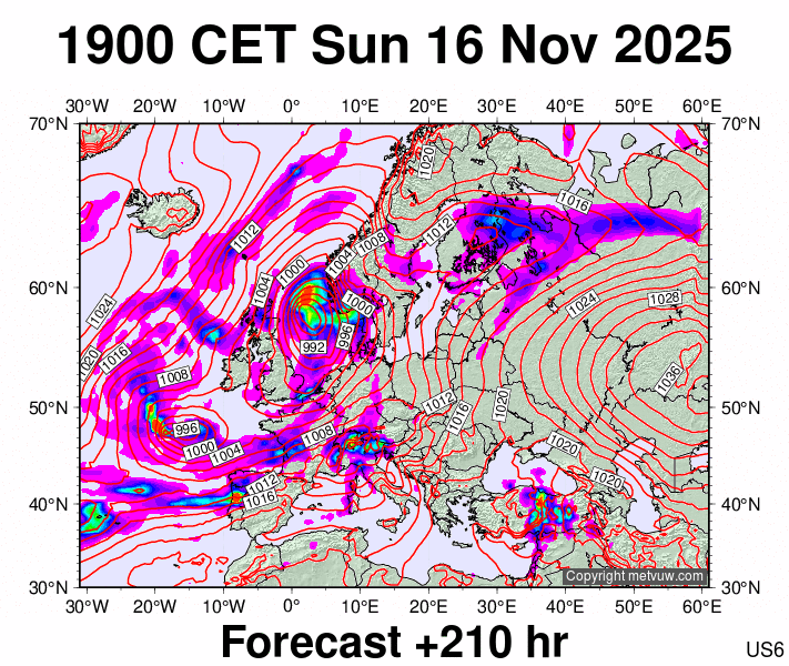 Europe forecast chart for Sunday, November 16th, 2025 at 6:00 PM