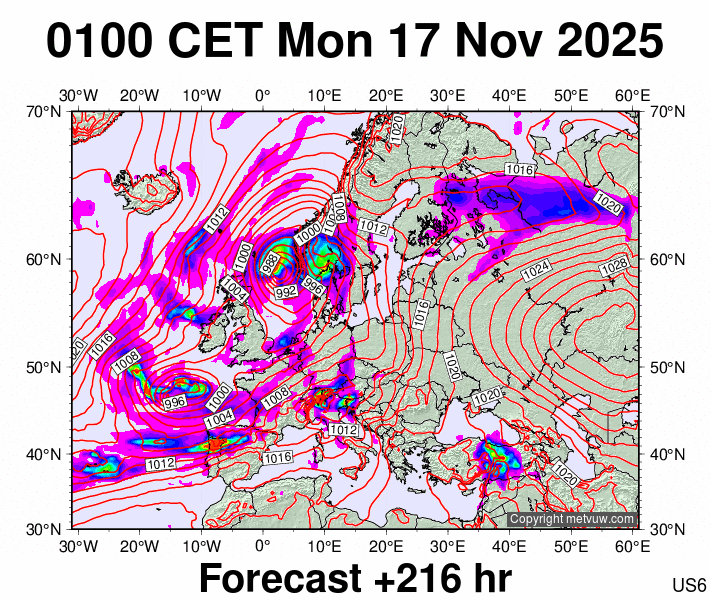 Europe forecast chart for Monday, November 17th, 2025 at 12:00 AM