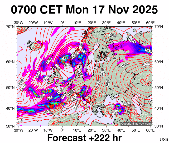 Europe forecast chart for Monday, November 17th, 2025 at 6:00 AM