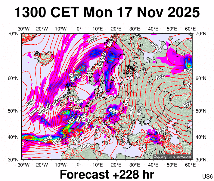 Europe forecast chart for Monday, November 17th, 2025 at 12:00 PM