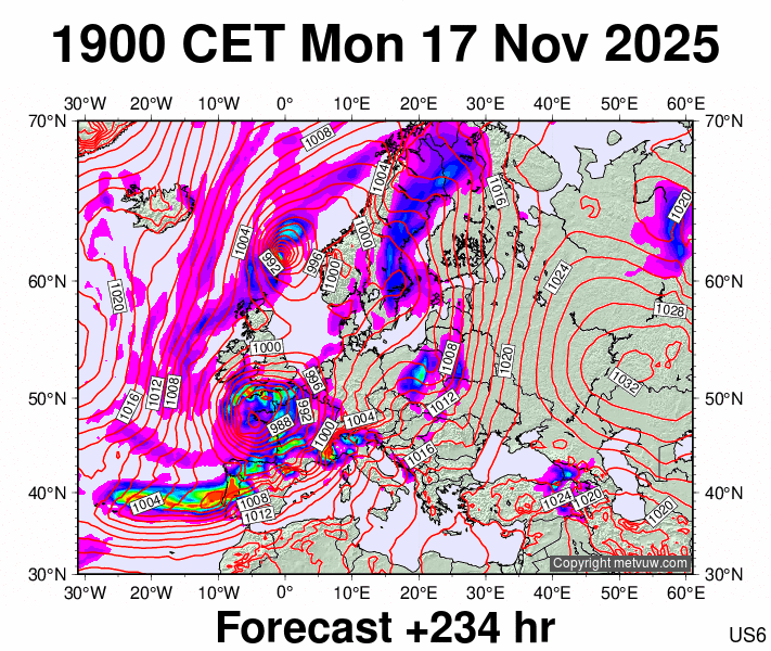 Europe forecast chart for Monday, November 17th, 2025 at 6:00 PM