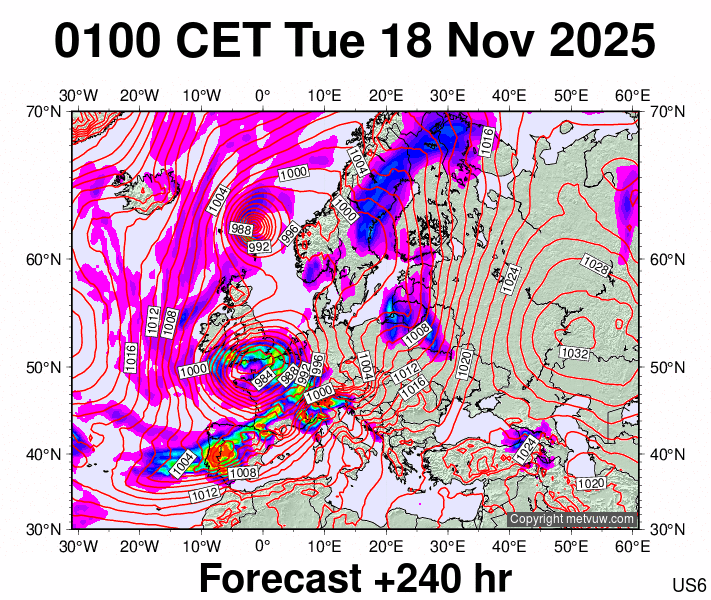 Europe forecast chart for Tuesday, November 18th, 2025 at 12:00 AM