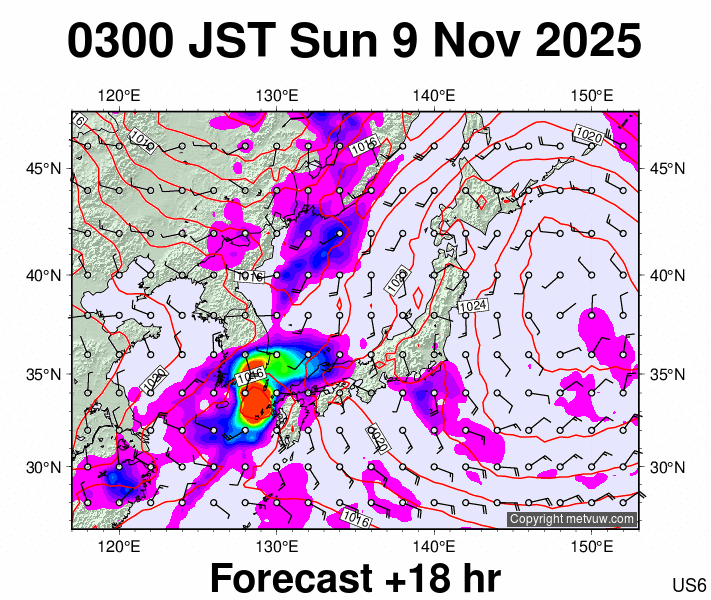 Japan forecast chart for Saturday, November 8th, 2025 at 6:00 PM
