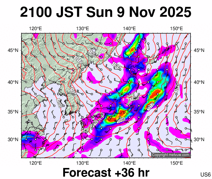 Japan forecast chart for Sunday, November 9th, 2025 at 12:00 PM
