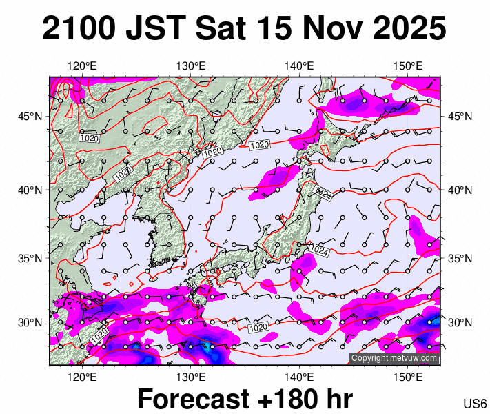Japan forecast chart for Saturday, November 15th, 2025 at 12:00 PM