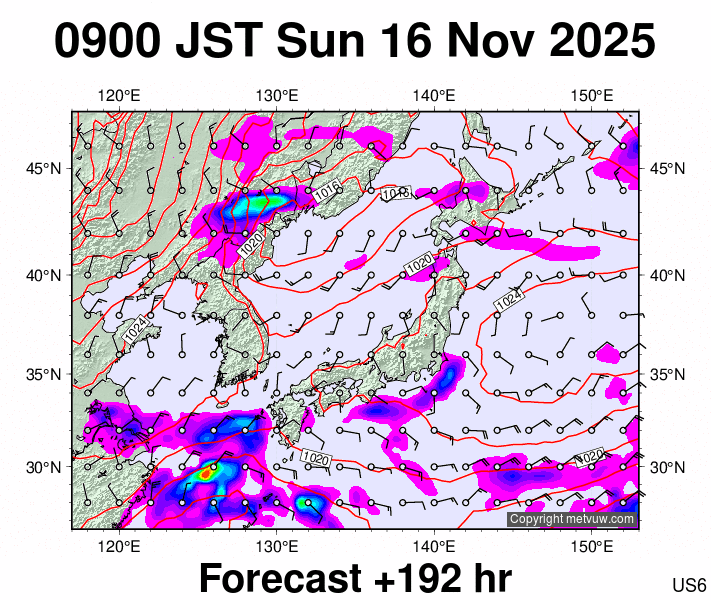 Japan forecast chart for Sunday, November 16th, 2025 at 12:00 AM