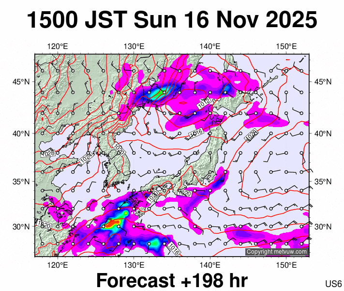 Japan forecast chart for Sunday, November 16th, 2025 at 6:00 AM