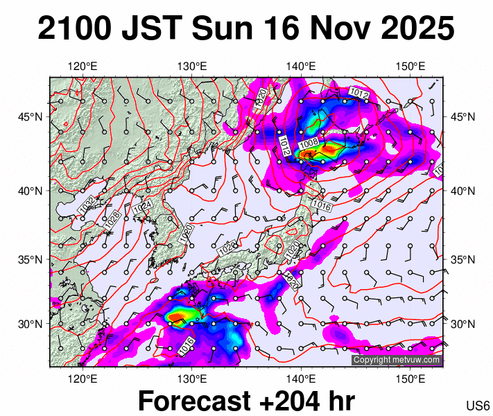 Japan forecast chart for Sunday, November 16th, 2025 at 12:00 PM