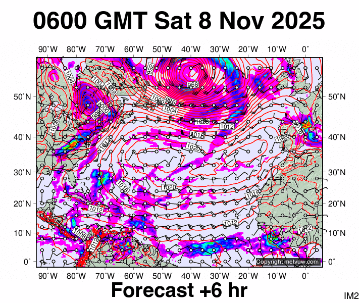 North Atlantic forecast chart for Saturday, November 8th, 2025 at 6:00 AM