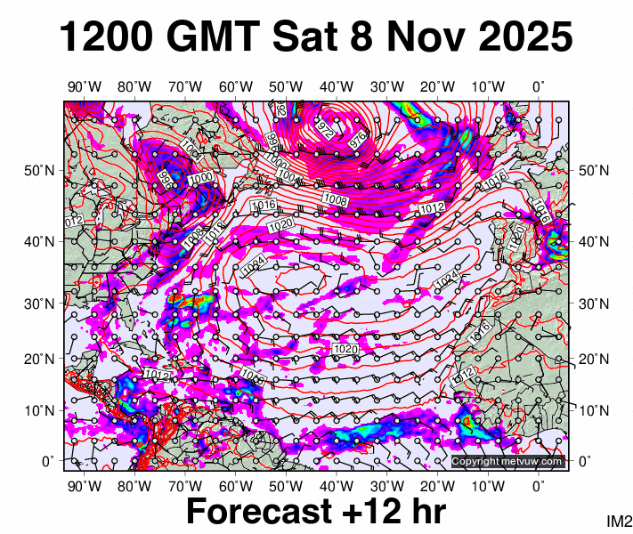 North Atlantic forecast chart for Saturday, November 8th, 2025 at 12:00 PM