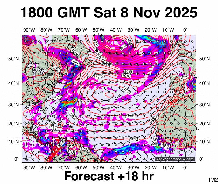 North Atlantic forecast chart for Saturday, November 8th, 2025 at 6:00 PM