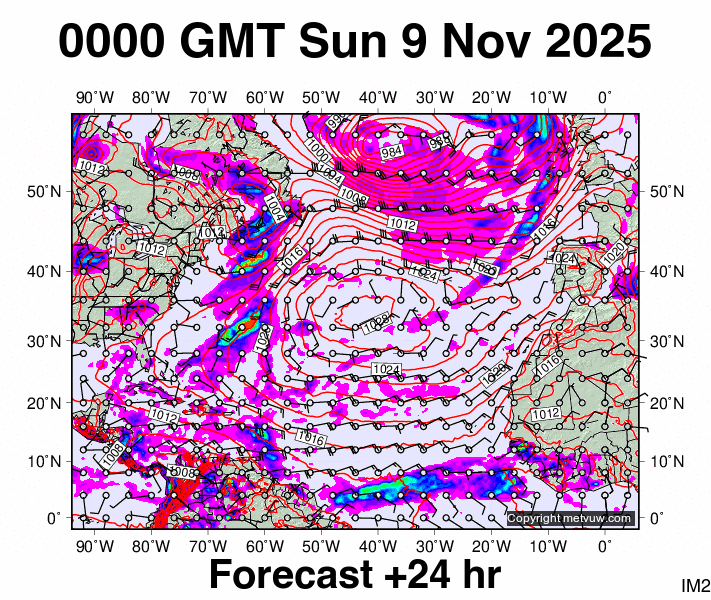 North Atlantic forecast chart for Sunday, November 9th, 2025 at 12:00 AM
