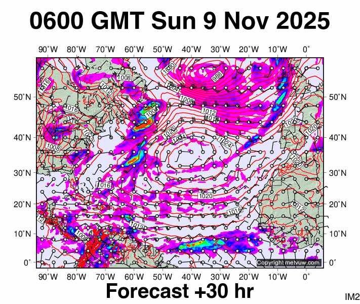 North Atlantic forecast chart for Sunday, November 9th, 2025 at 6:00 AM