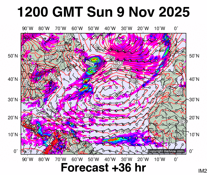 North Atlantic forecast chart for Sunday, November 9th, 2025 at 12:00 PM